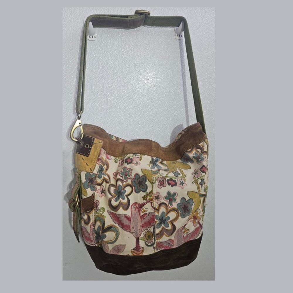 Lucky Brand Vintage Canvas Leather Bag Bird Print Boho Crossbody Bohemian